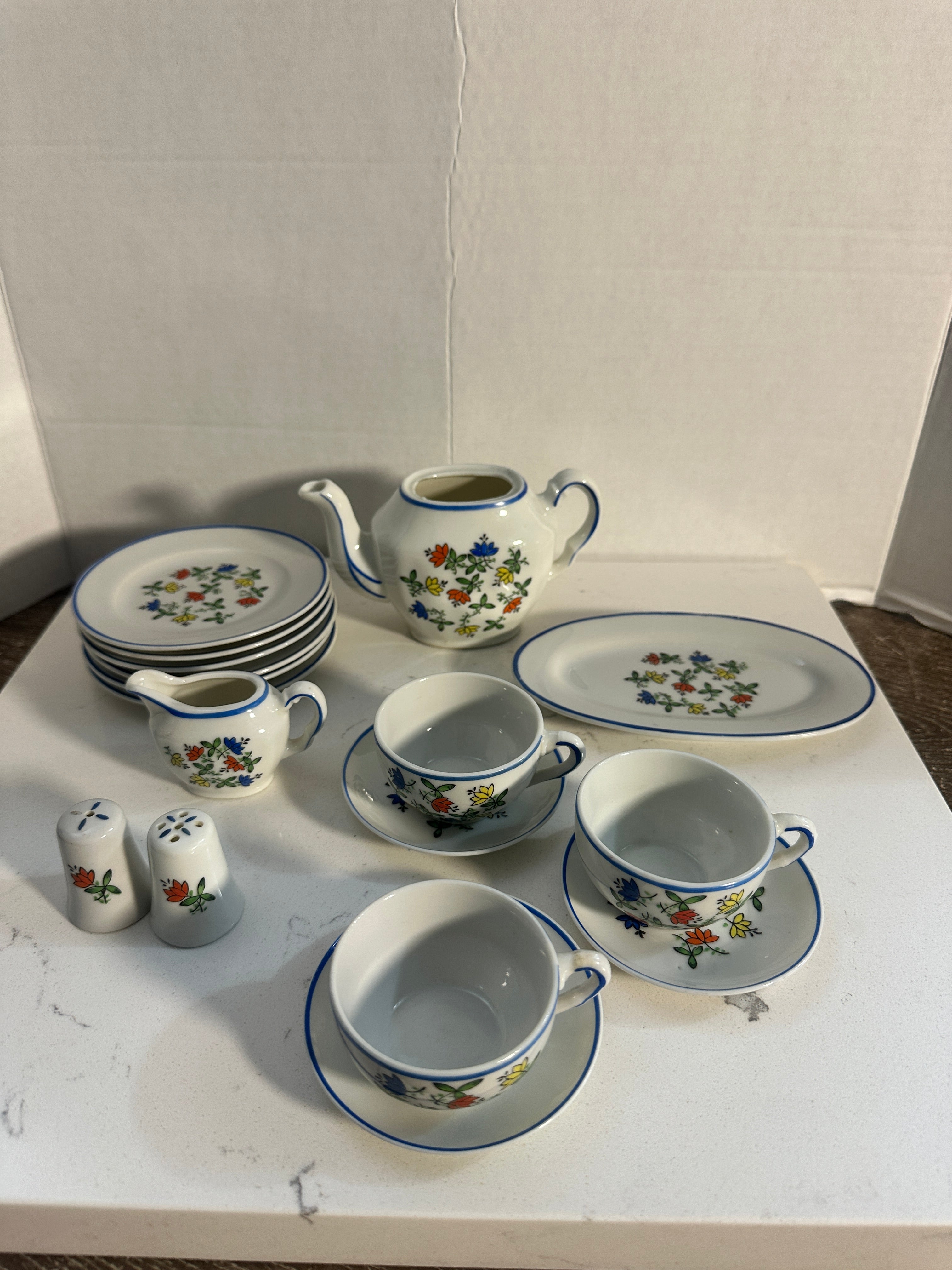 Vintage Miniature Porcelain Tea Set | 17 Piece Floral Child’s Tea Set | Blue Trim Doll Tea Set | Cottagecore Tea Party Decor