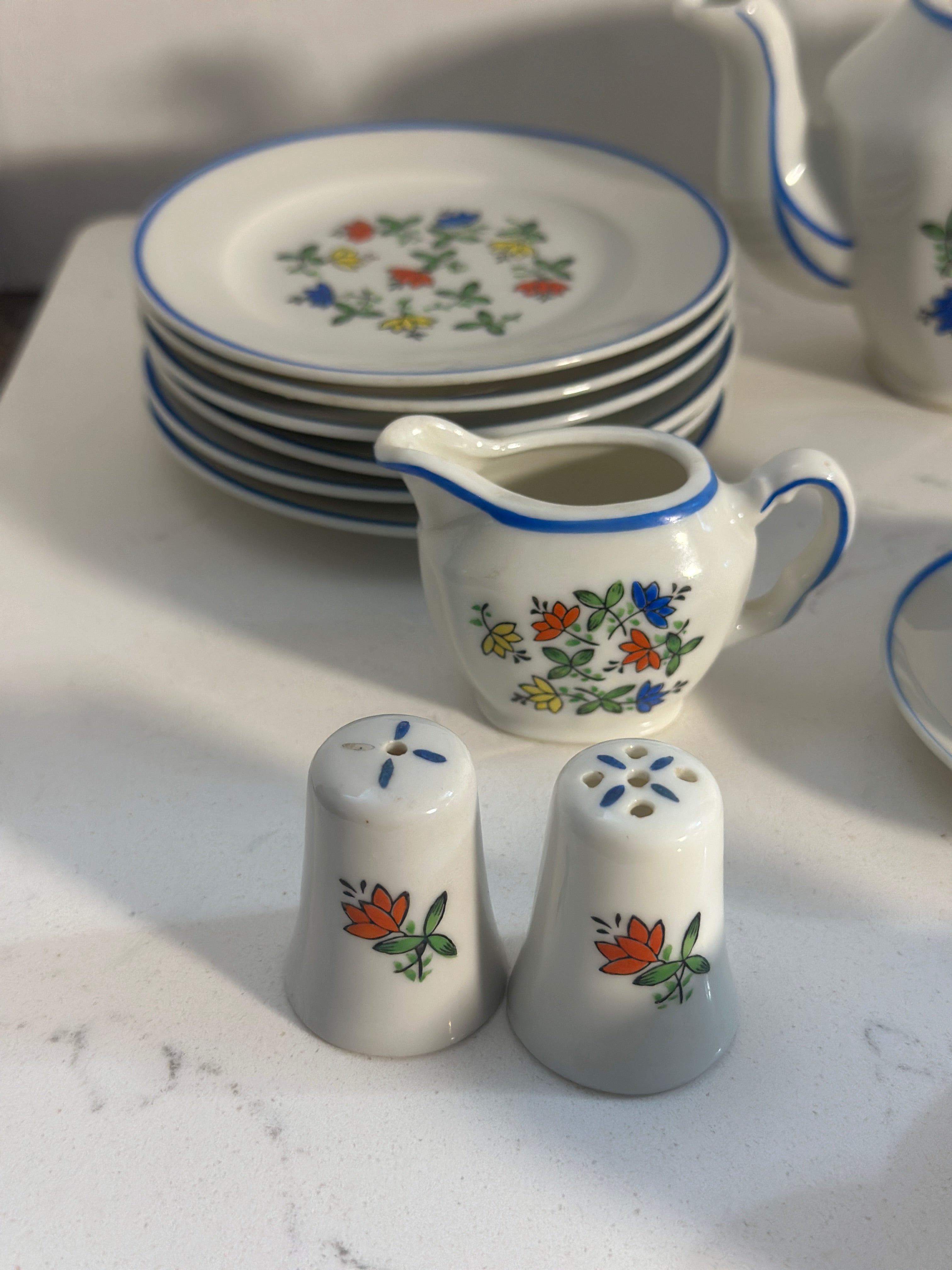 Vintage Miniature Porcelain Tea Set | 17 Piece Floral Child’s Tea Set | Blue Trim Doll Tea Set | Cottagecore Tea Party Decor