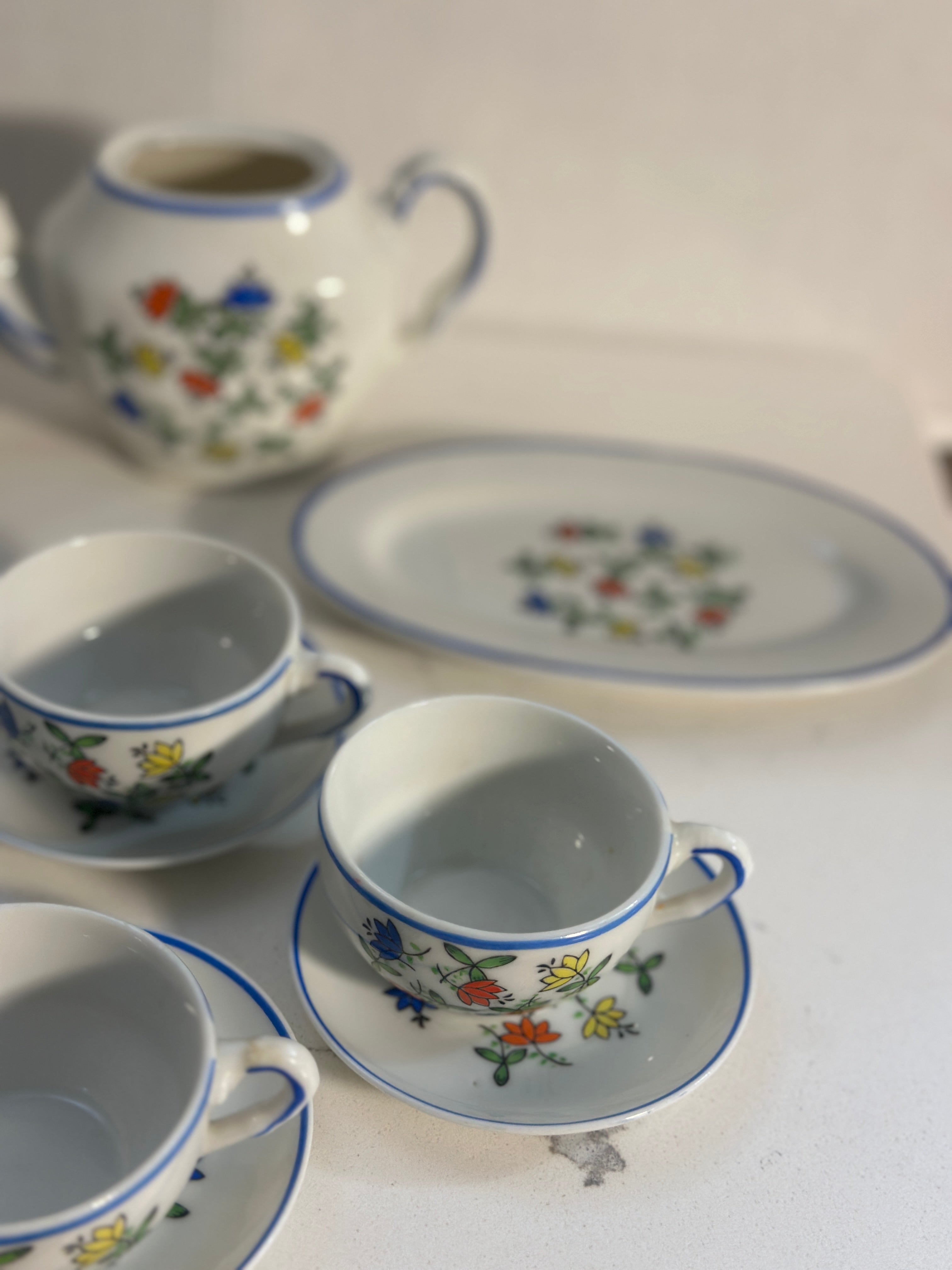Vintage Miniature Porcelain Tea Set | 17 Piece Floral Child’s Tea Set | Blue Trim Doll Tea Set | Cottagecore Tea Party Decor