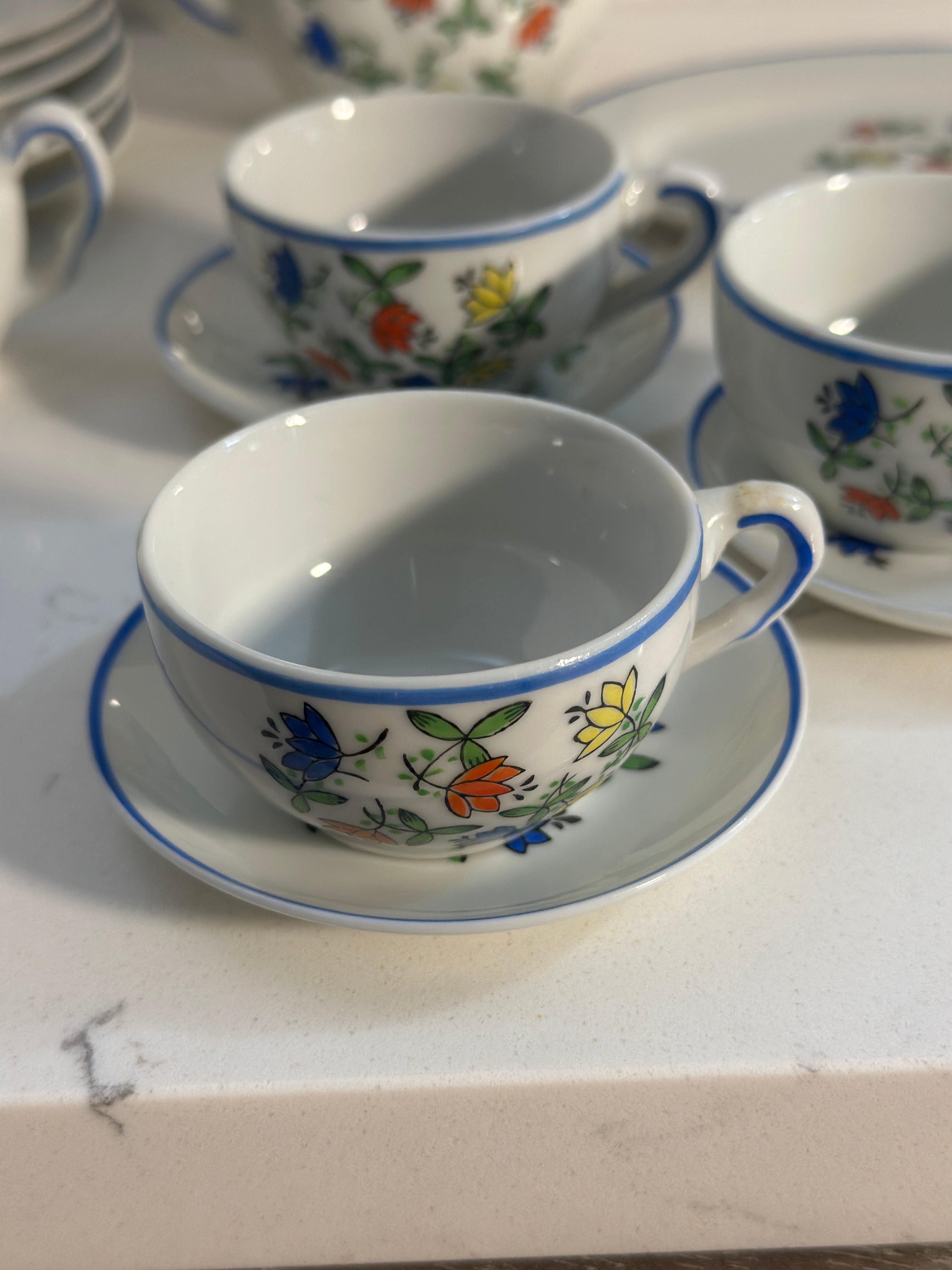 Vintage Miniature Porcelain Tea Set | 17 Piece Floral Child’s Tea Set | Blue Trim Doll Tea Set | Cottagecore Tea Party Decor