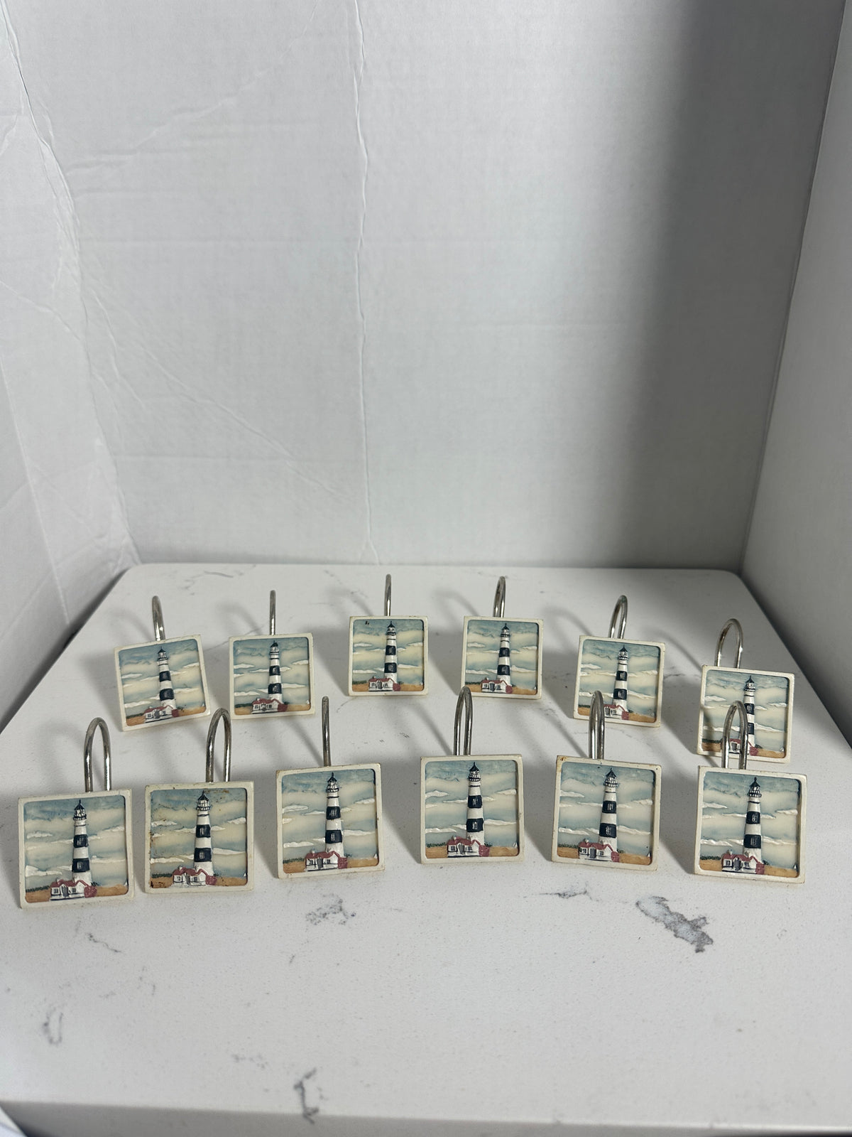 Set of 12 Lighthouse Shower Curtain Hooks | Coastal Nautical Bathroom Decor