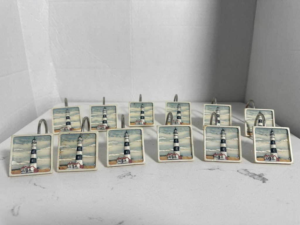 Set of 12 Lighthouse Shower Curtain Hooks | Coastal Nautical Bathroom Decor
