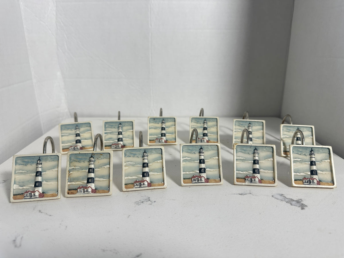 Set of 12 Lighthouse Shower Curtain Hooks | Coastal Nautical Bathroom Decor