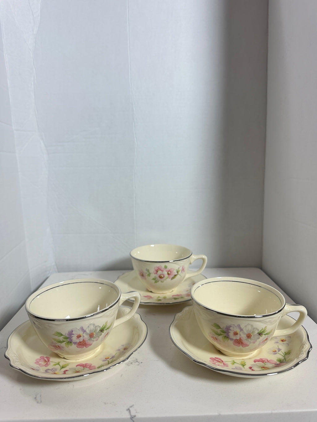 Vintage Floral Teacup & Saucer Set of 3 – Pink & Lavender Flowers with Silver Trim