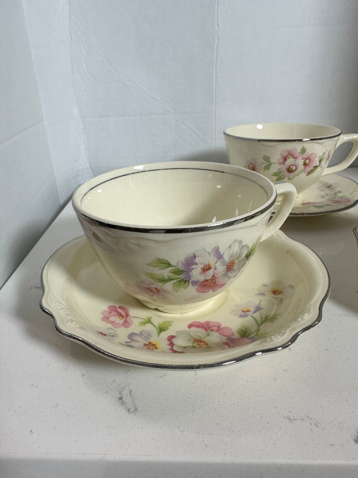 Vintage Floral Teacup & Saucer Set of 3 – Pink & Lavender Flowers with Silver Trim