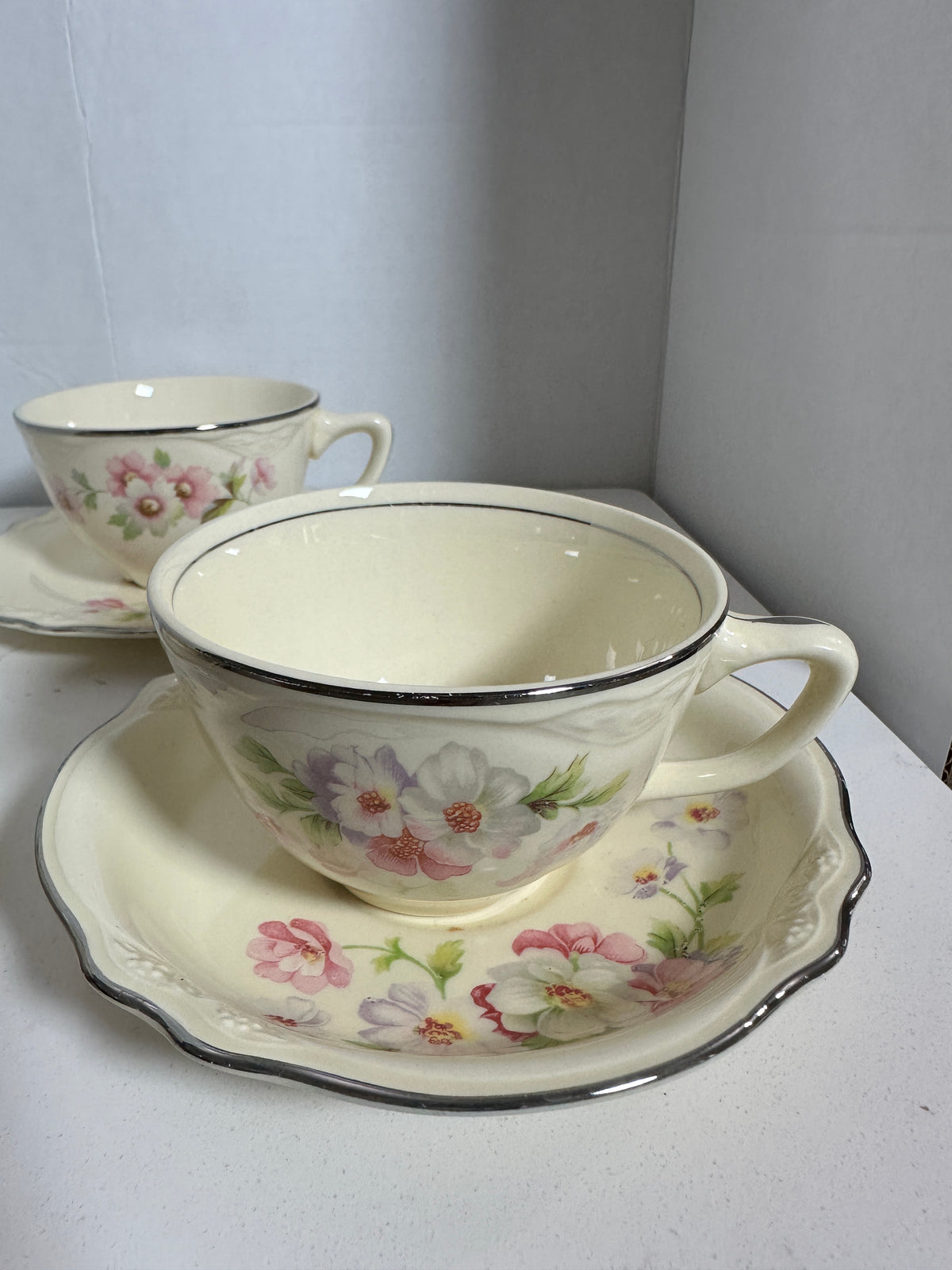 Vintage Floral Teacup & Saucer Set of 3 – Pink & Lavender Flowers with Silver Trim