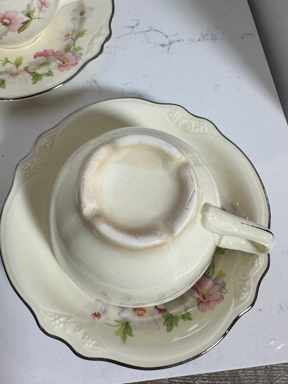 Vintage Floral Teacup & Saucer Set of 3 – Pink & Lavender Flowers with Silver Trim