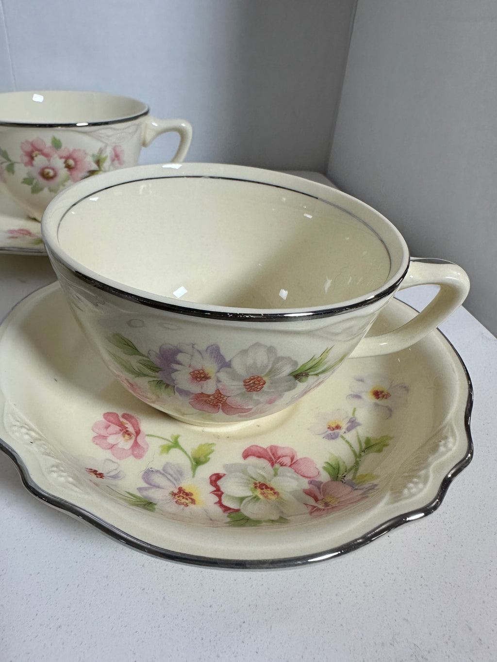 Vintage Floral Teacup & Saucer Set of 3 – Pink & Lavender Flowers with Silver Trim