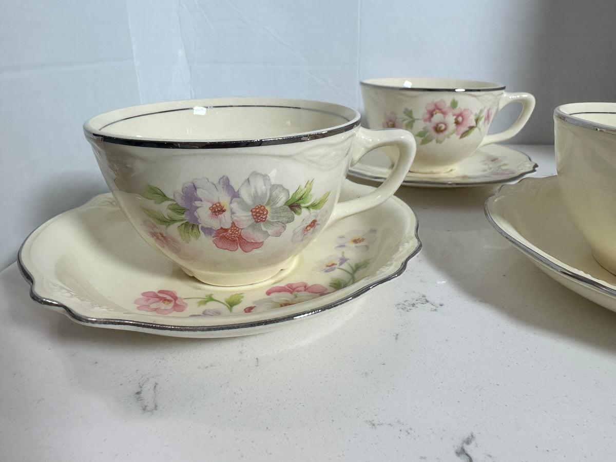Vintage Floral Teacup & Saucer Set of 3 – Pink & Lavender Flowers with Silver Trim