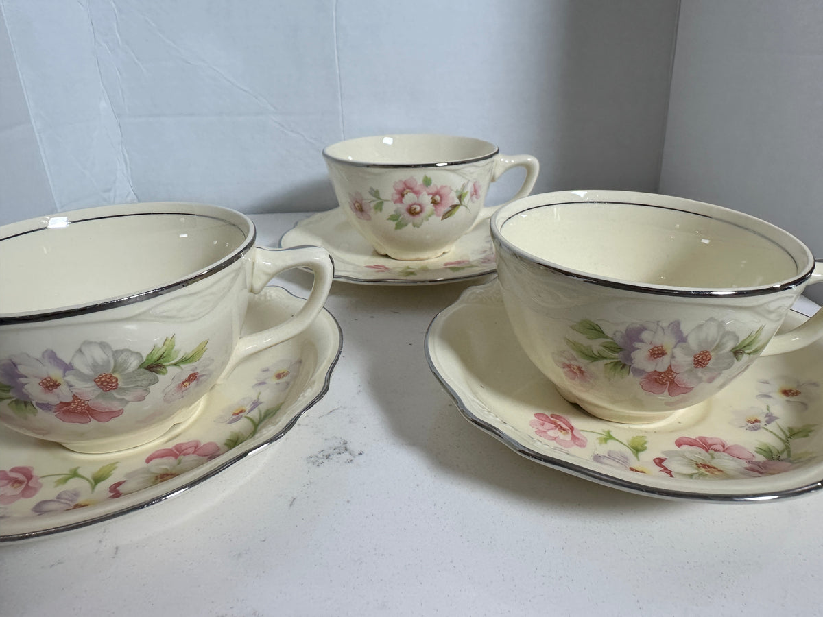 Vintage Floral Teacup & Saucer Set of 3 – Pink & Lavender Flowers with Silver Trim