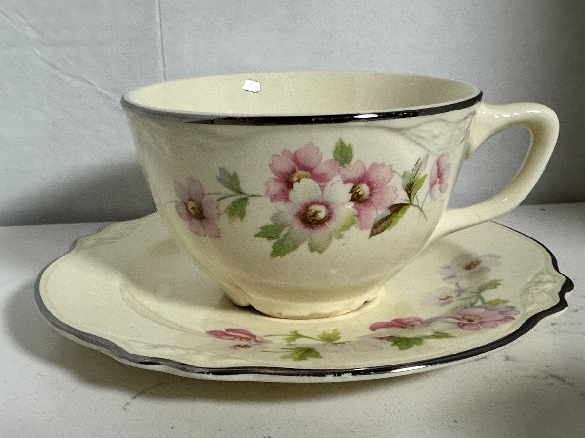 Vintage Floral Teacup & Saucer Set of 3 – Pink & Lavender Flowers with Silver Trim