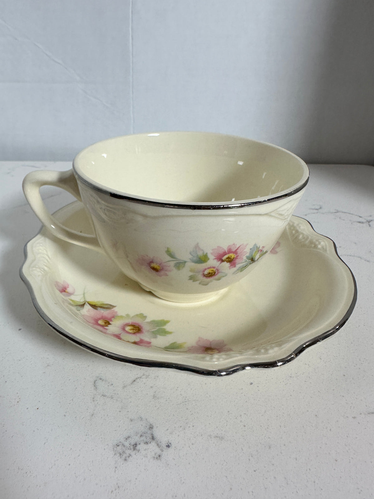 Vintage Floral Teacup & Saucer – Pink Flowers, Ivory China & Silver Trim