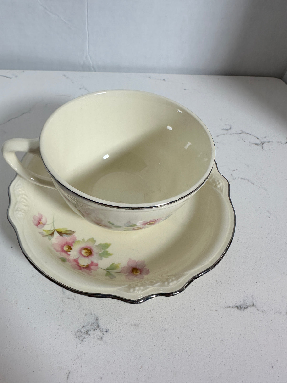 Vintage Floral Teacup & Saucer – Pink Flowers, Ivory China & Silver Trim