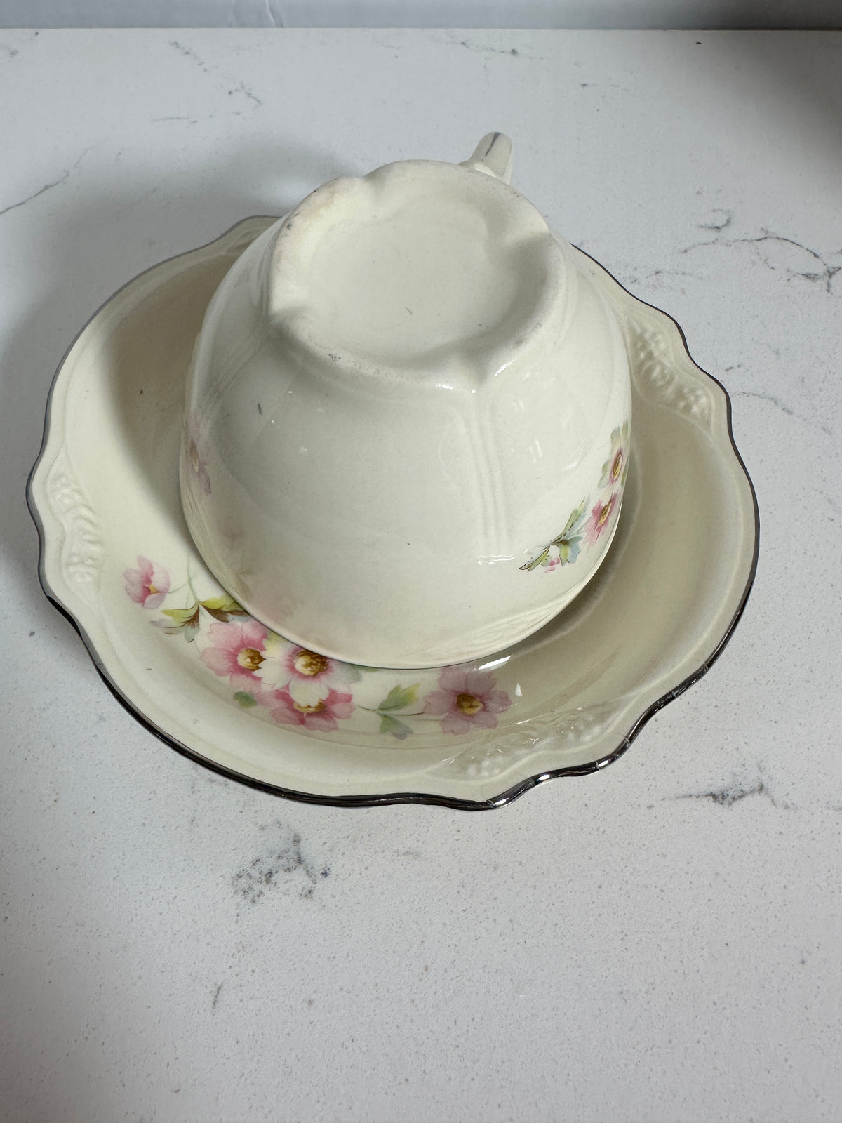 Vintage Floral Teacup & Saucer – Pink Flowers, Ivory China & Silver Trim