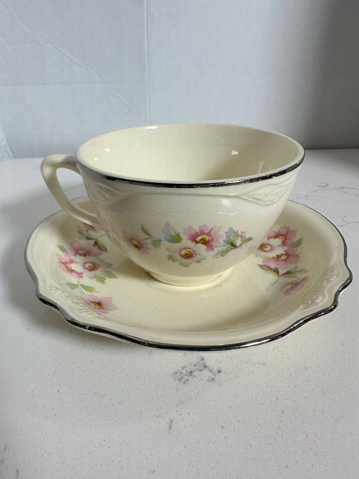Vintage Floral Teacup & Saucer – Pink Flowers, Ivory China & Silver Trim