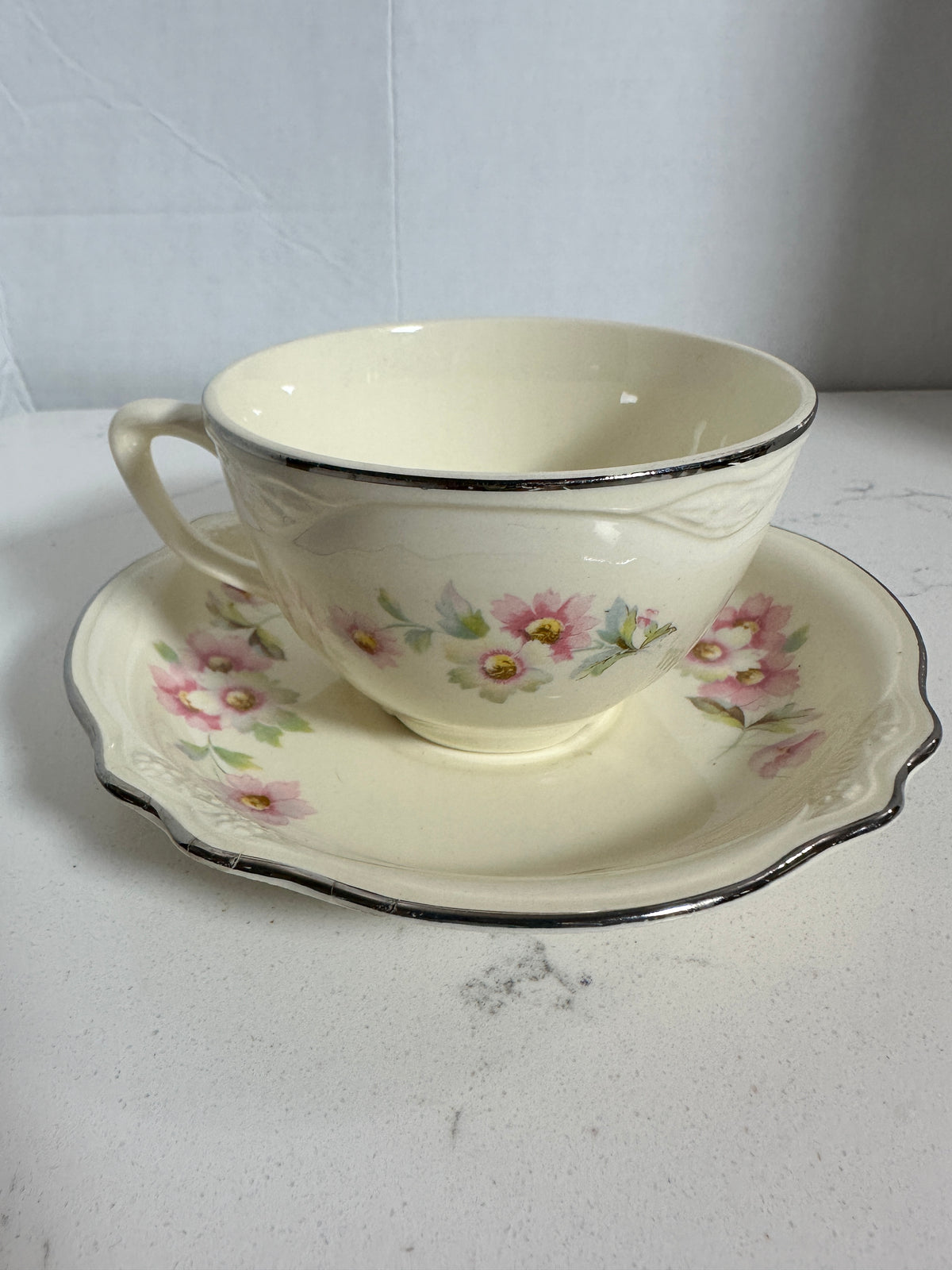 Vintage Floral Teacup & Saucer – Pink Flowers, Ivory China & Silver Trim
