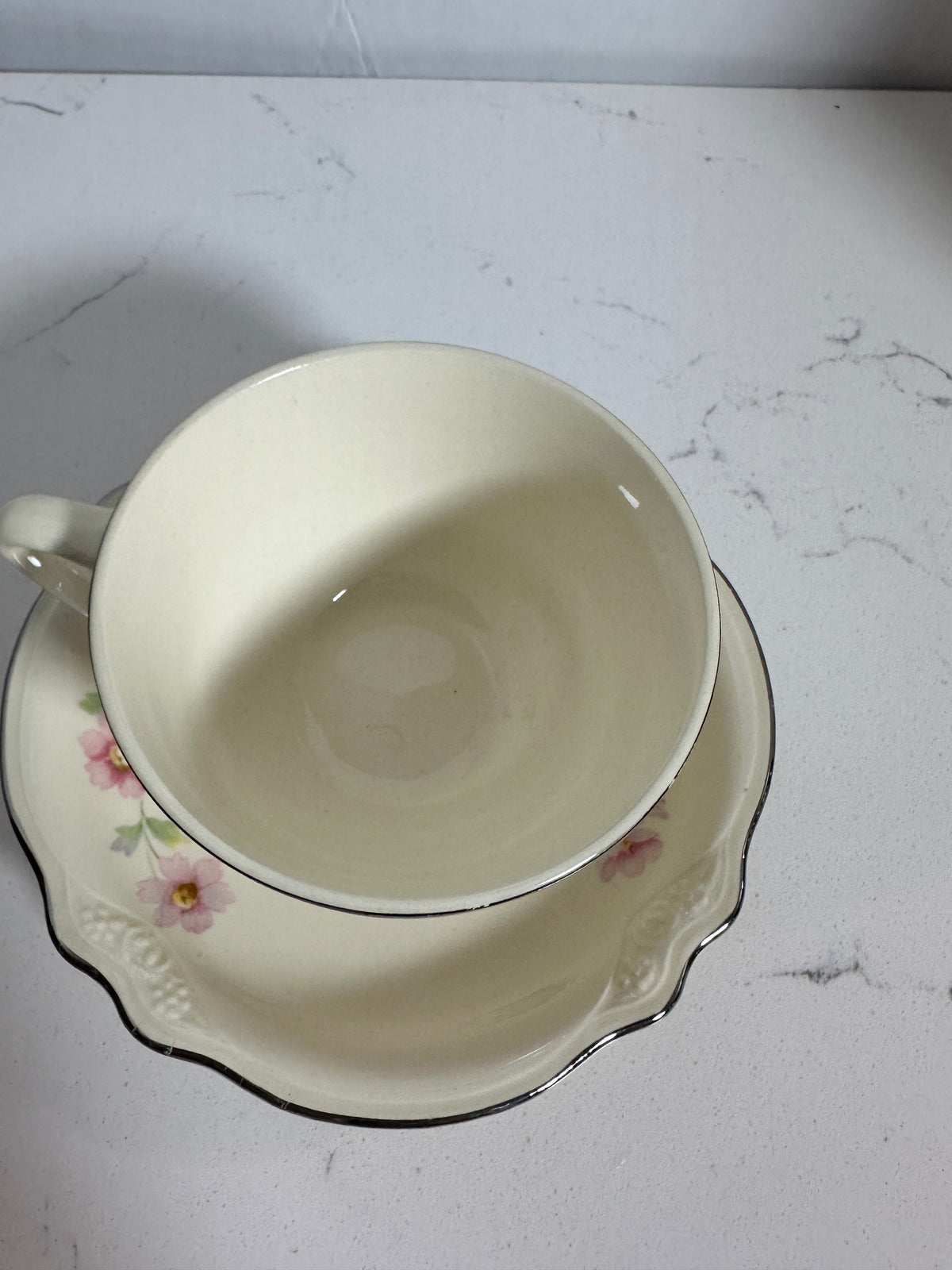 Vintage Floral Teacup & Saucer – Pink Flowers, Ivory China & Silver Trim