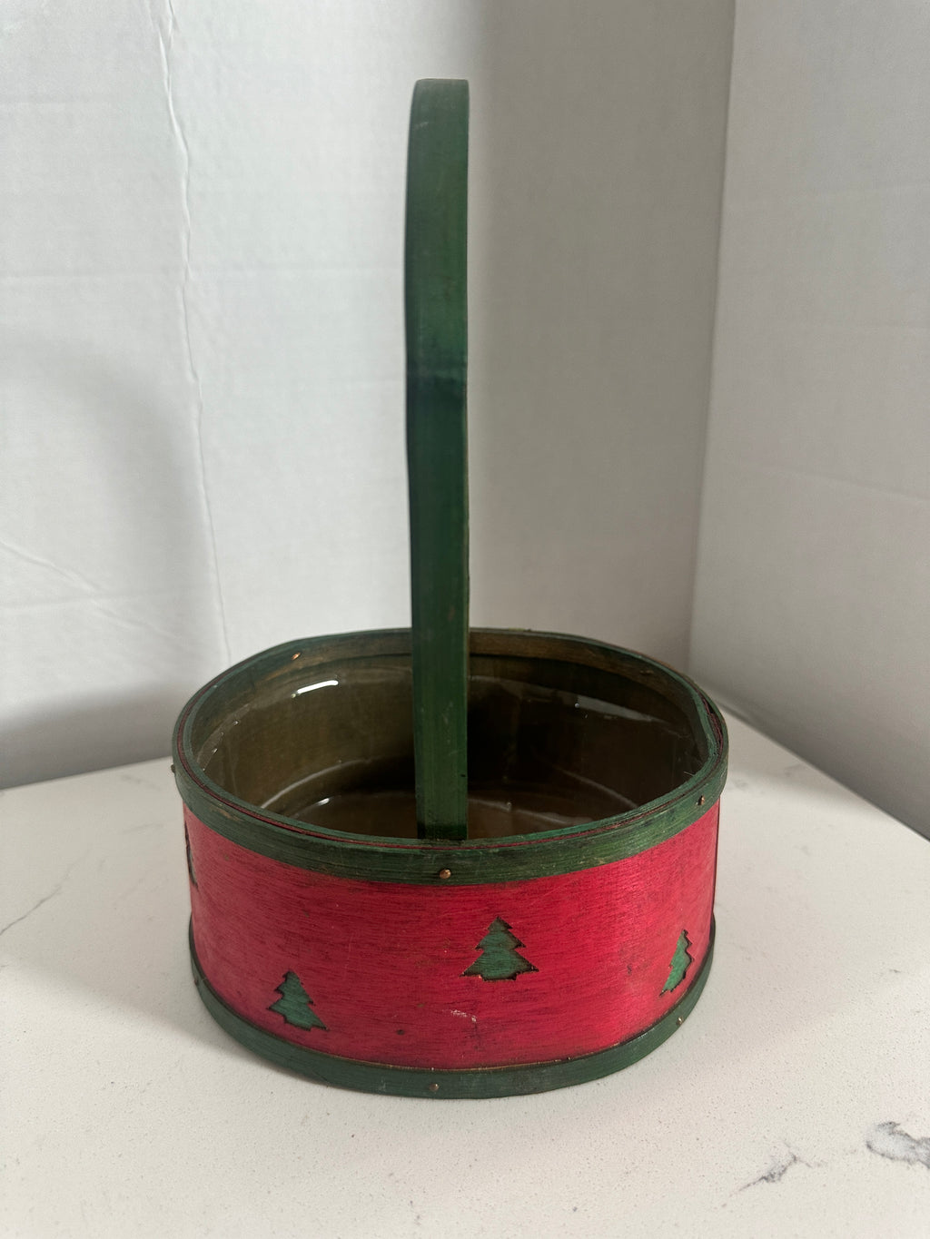 Vintage Red & Green Christmas Wood Basket with Tree Cutouts | 6.5"