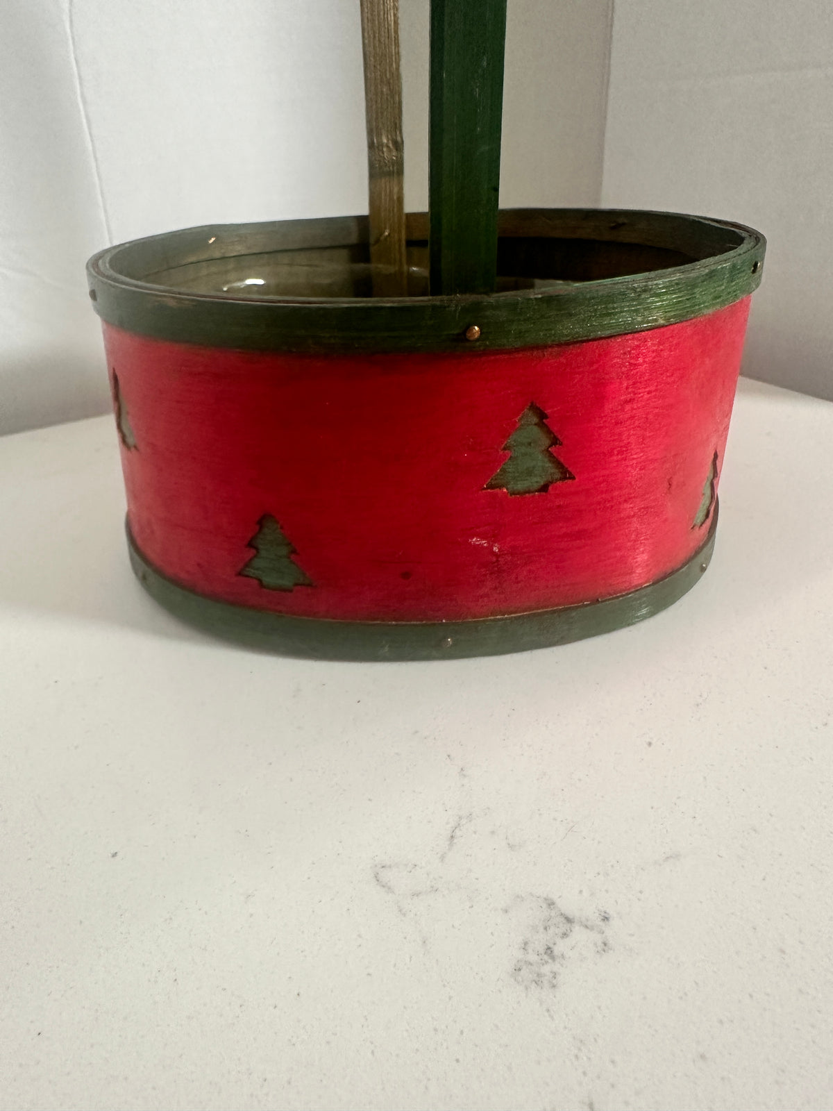Vintage Red & Green Christmas Wood Basket with Tree Cutouts | 6.5"