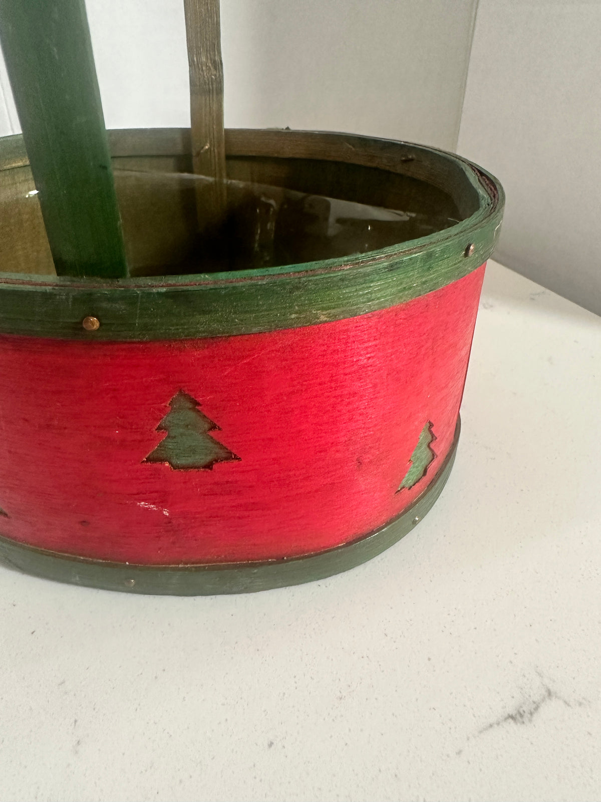 Vintage Red & Green Christmas Wood Basket with Tree Cutouts | 6.5"