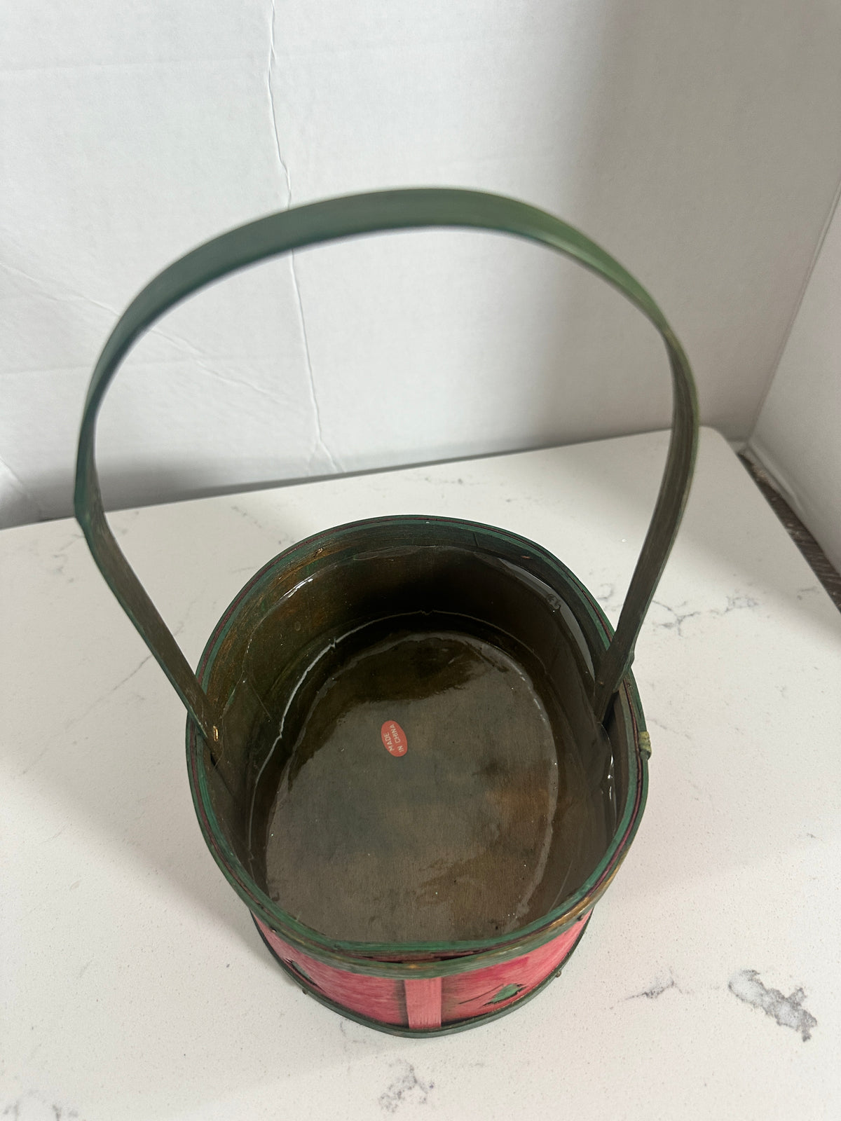 Vintage Red & Green Christmas Wood Basket with Tree Cutouts | 6.5"