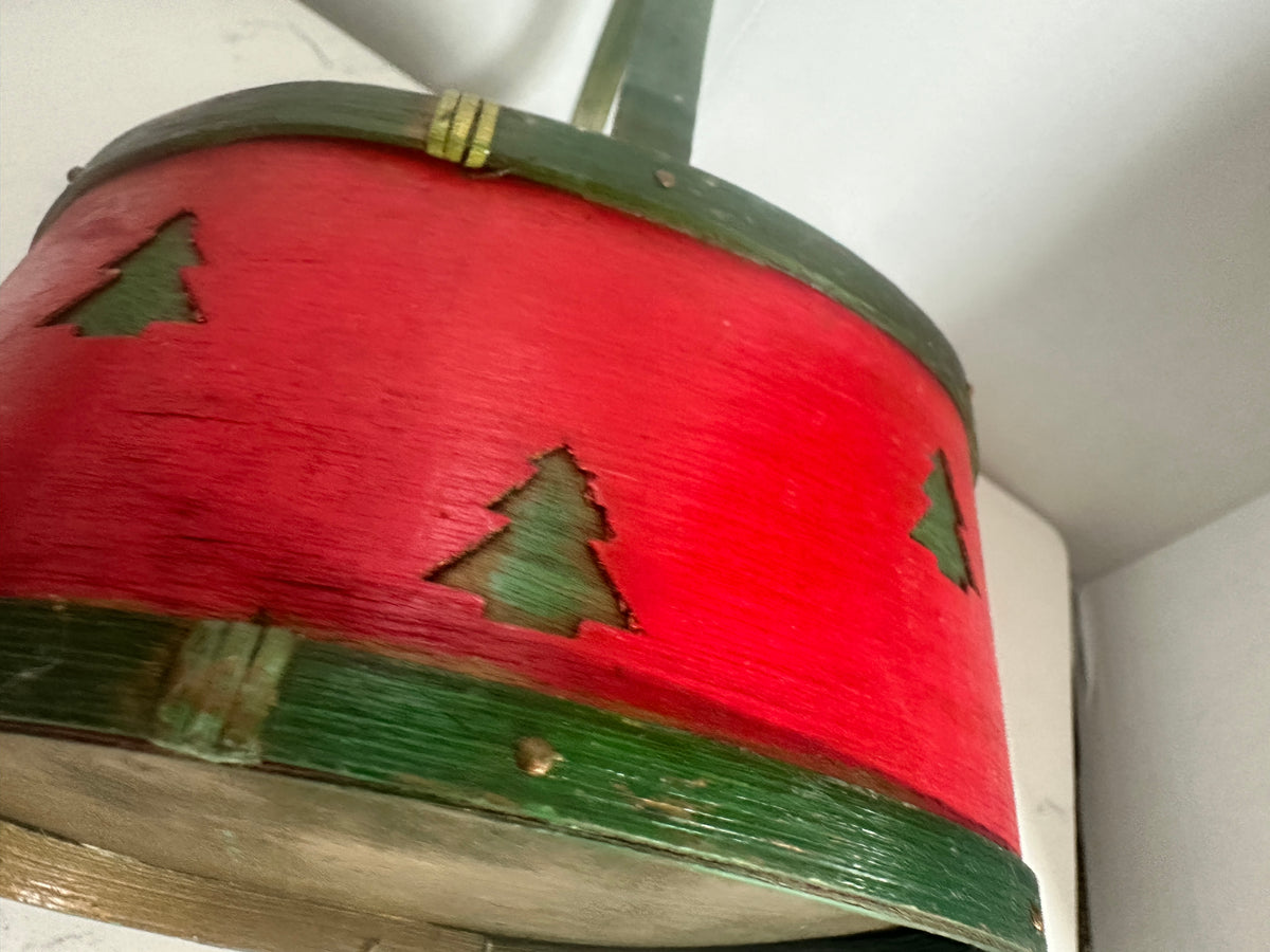 Vintage Red & Green Christmas Wood Basket with Tree Cutouts | 6.5"