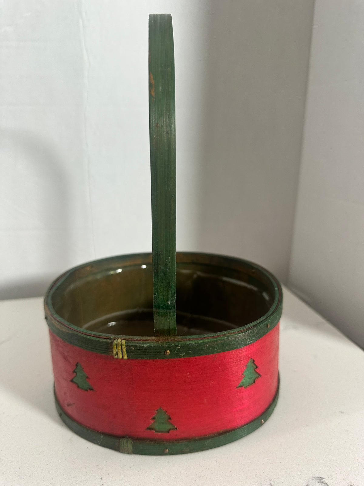 Vintage Red & Green Christmas Wood Basket with Tree Cutouts | 6.5"