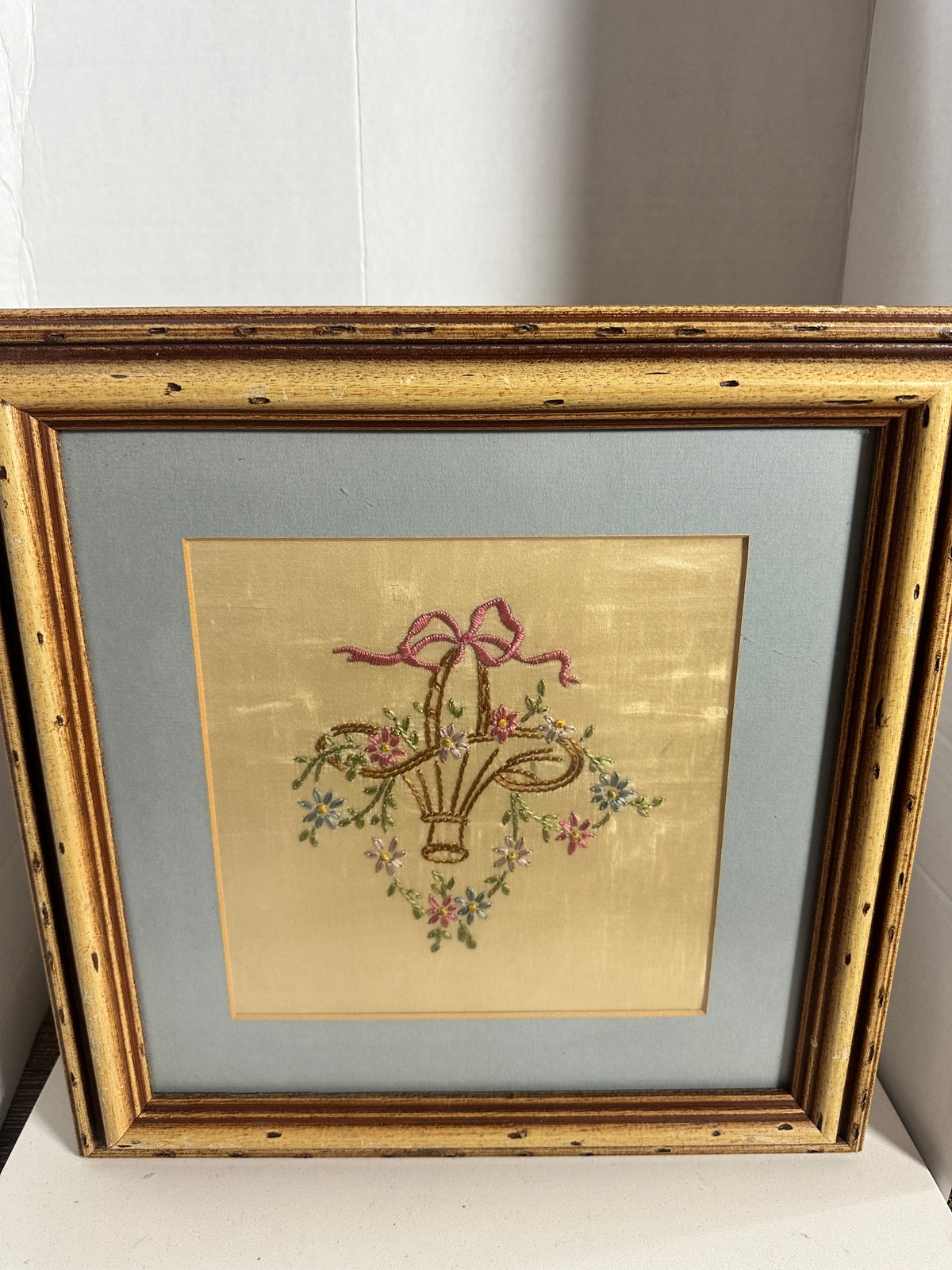 Vintage Framed Floral Basket Embroidery on Silk-Like Fabric