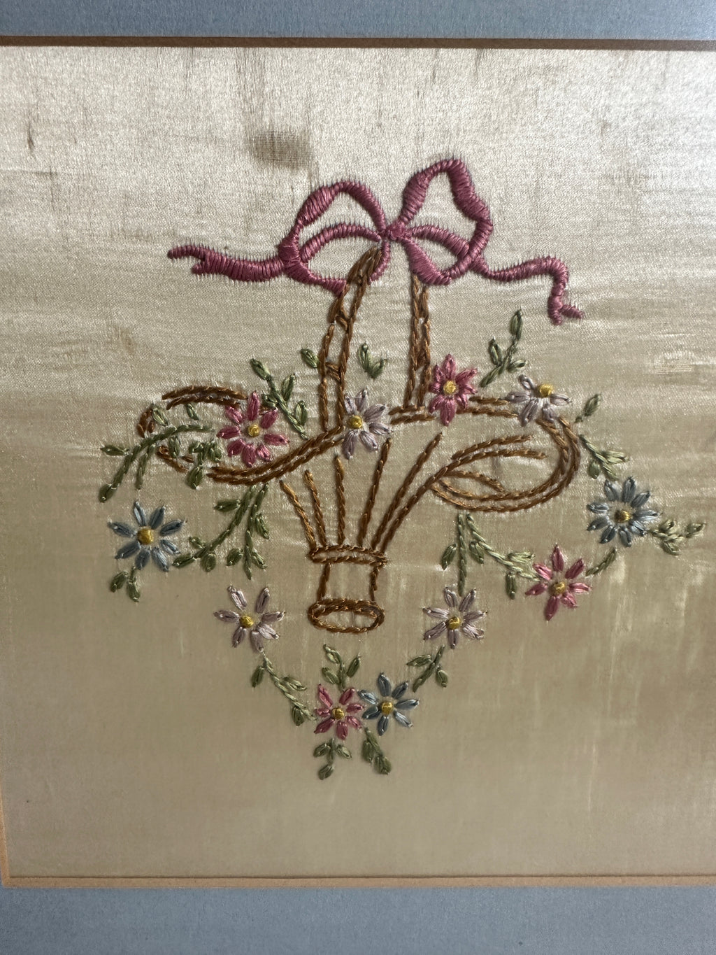 Vintage Framed Floral Basket Embroidery on Silk-Like Fabric