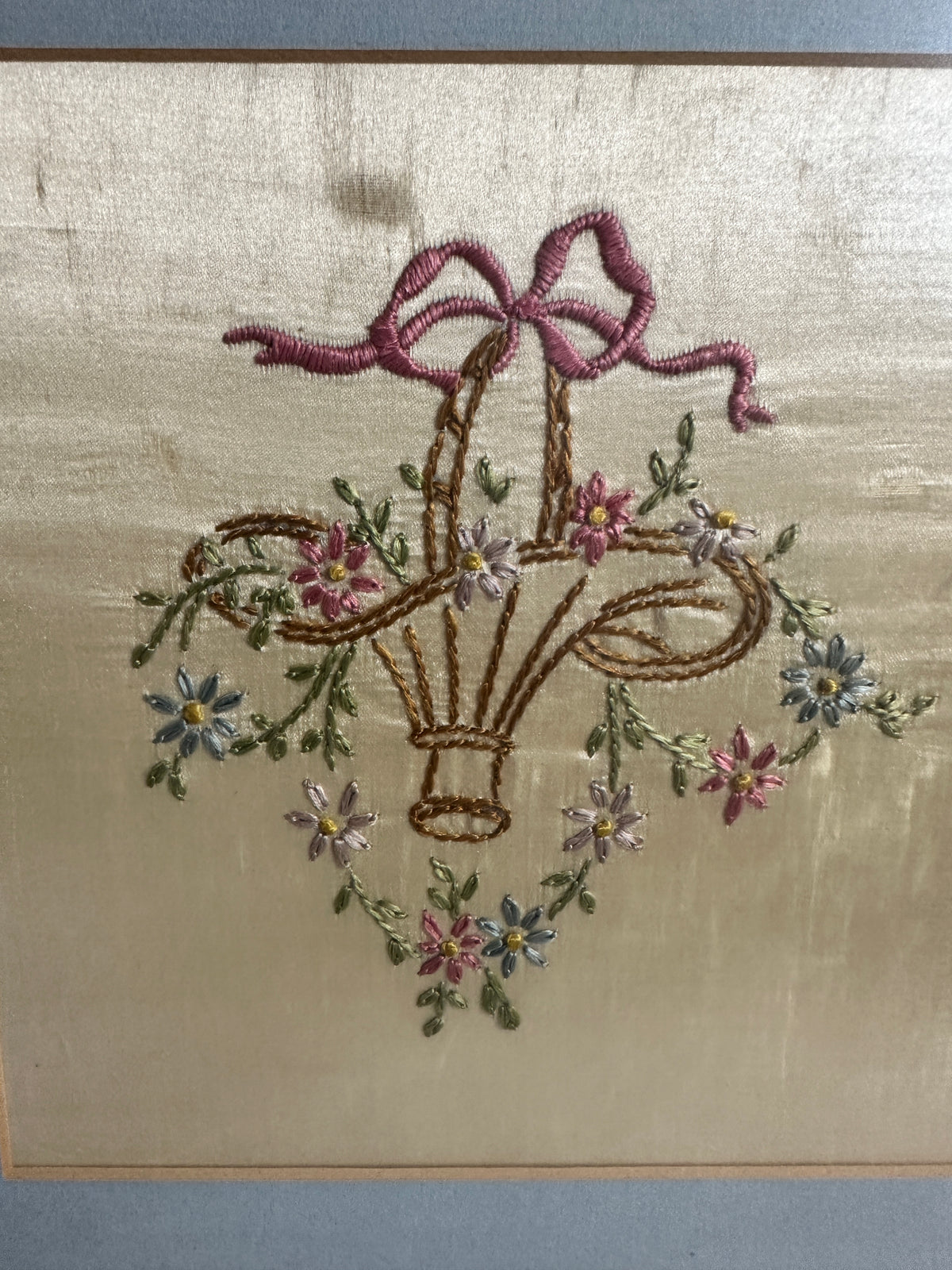 Vintage Framed Floral Basket Embroidery on Silk-Like Fabric