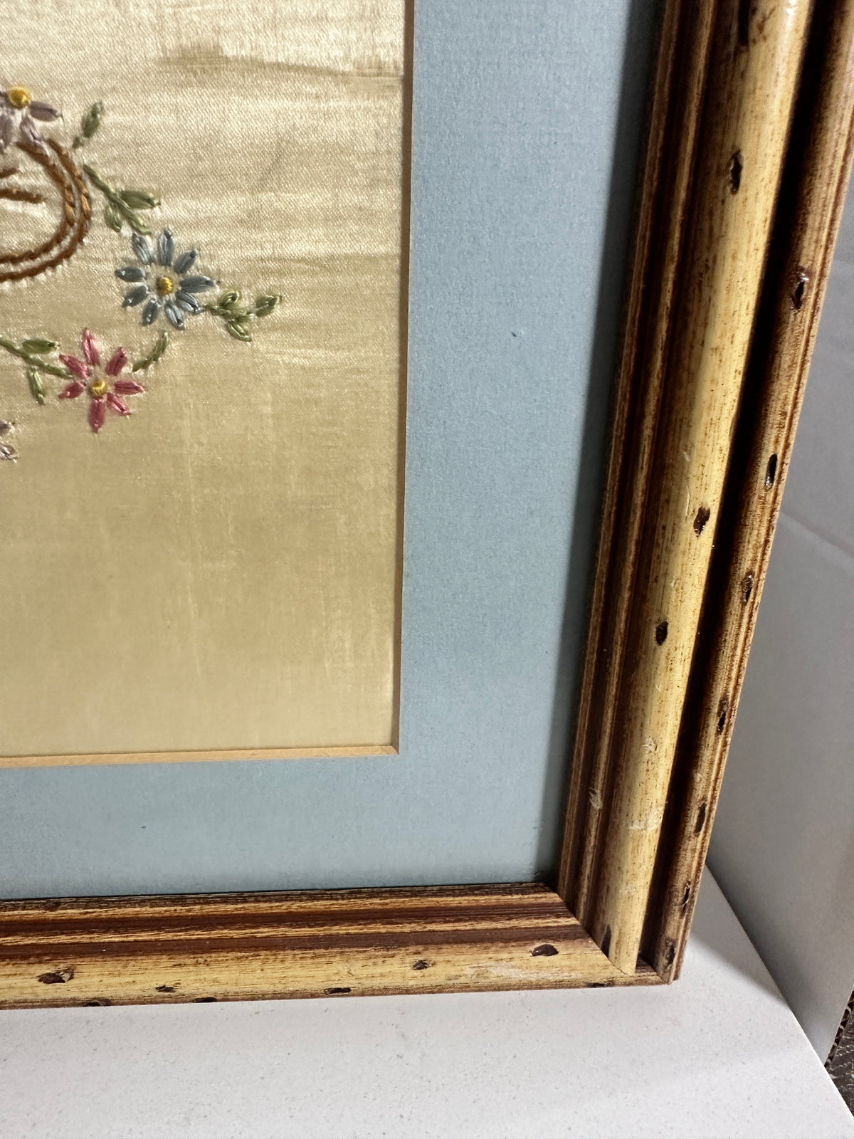 Vintage Framed Floral Basket Embroidery on Silk-Like Fabric