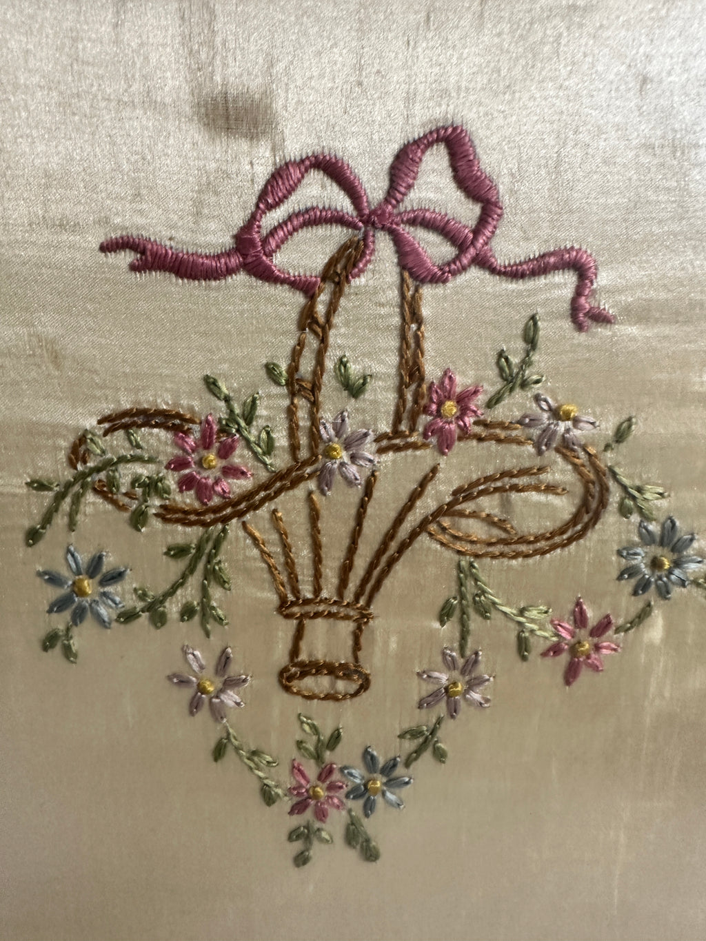 Vintage Framed Floral Basket Embroidery on Silk-Like Fabric