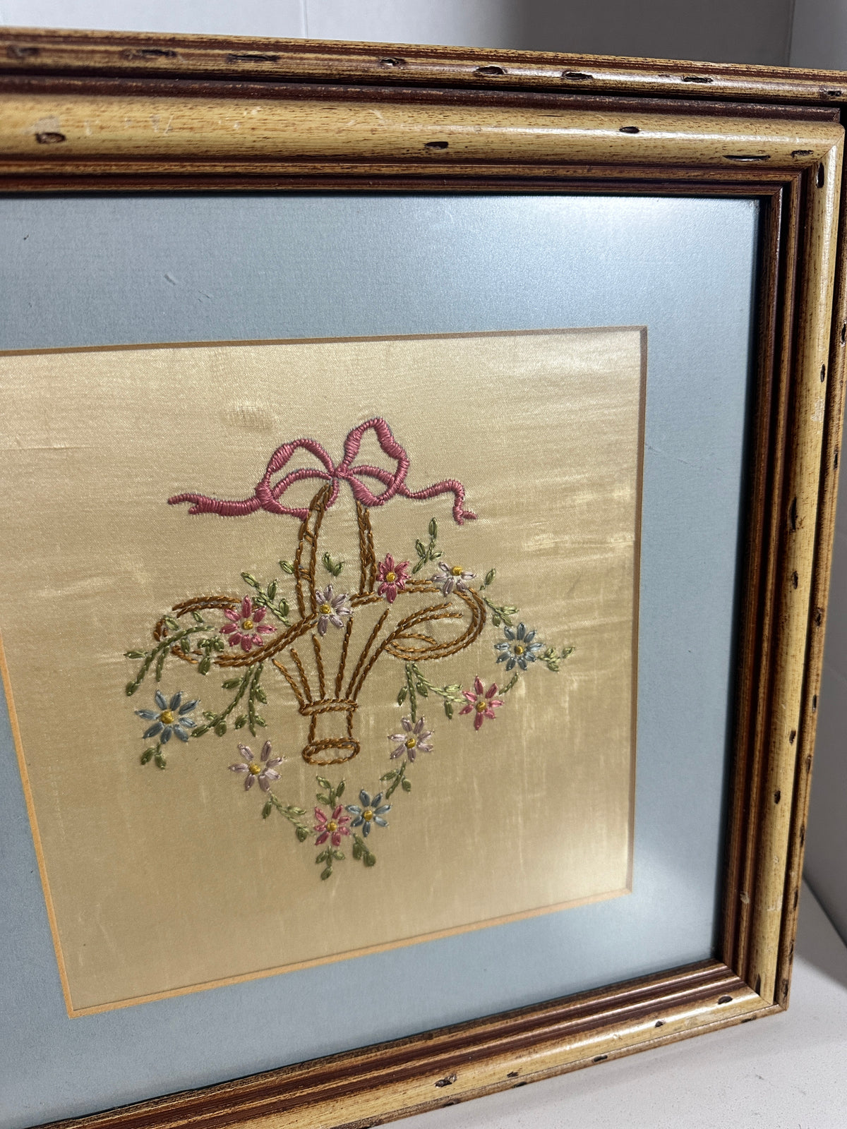 Vintage Framed Floral Basket Embroidery on Silk-Like Fabric