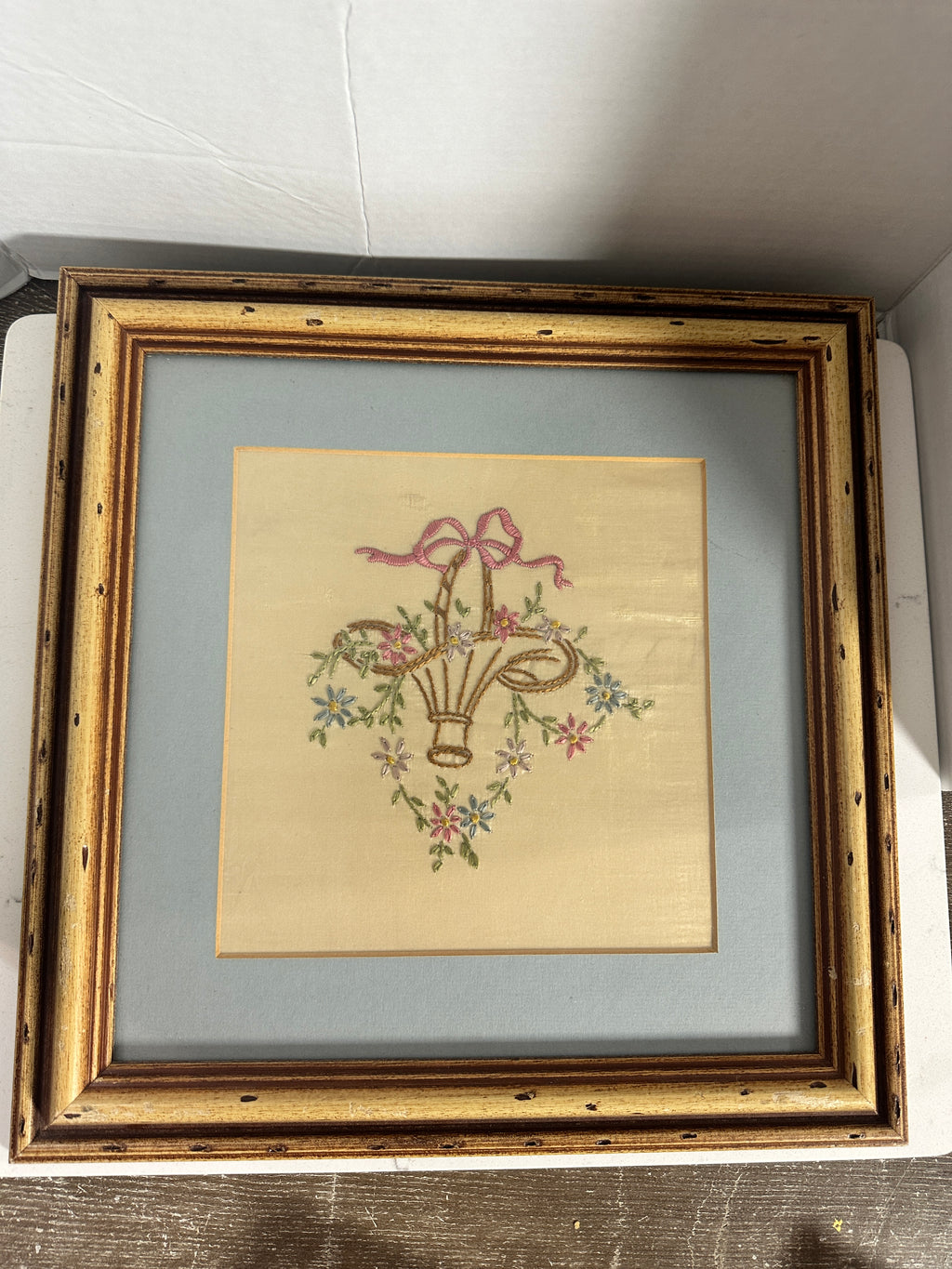 Vintage Framed Floral Basket Embroidery on Silk-Like Fabric