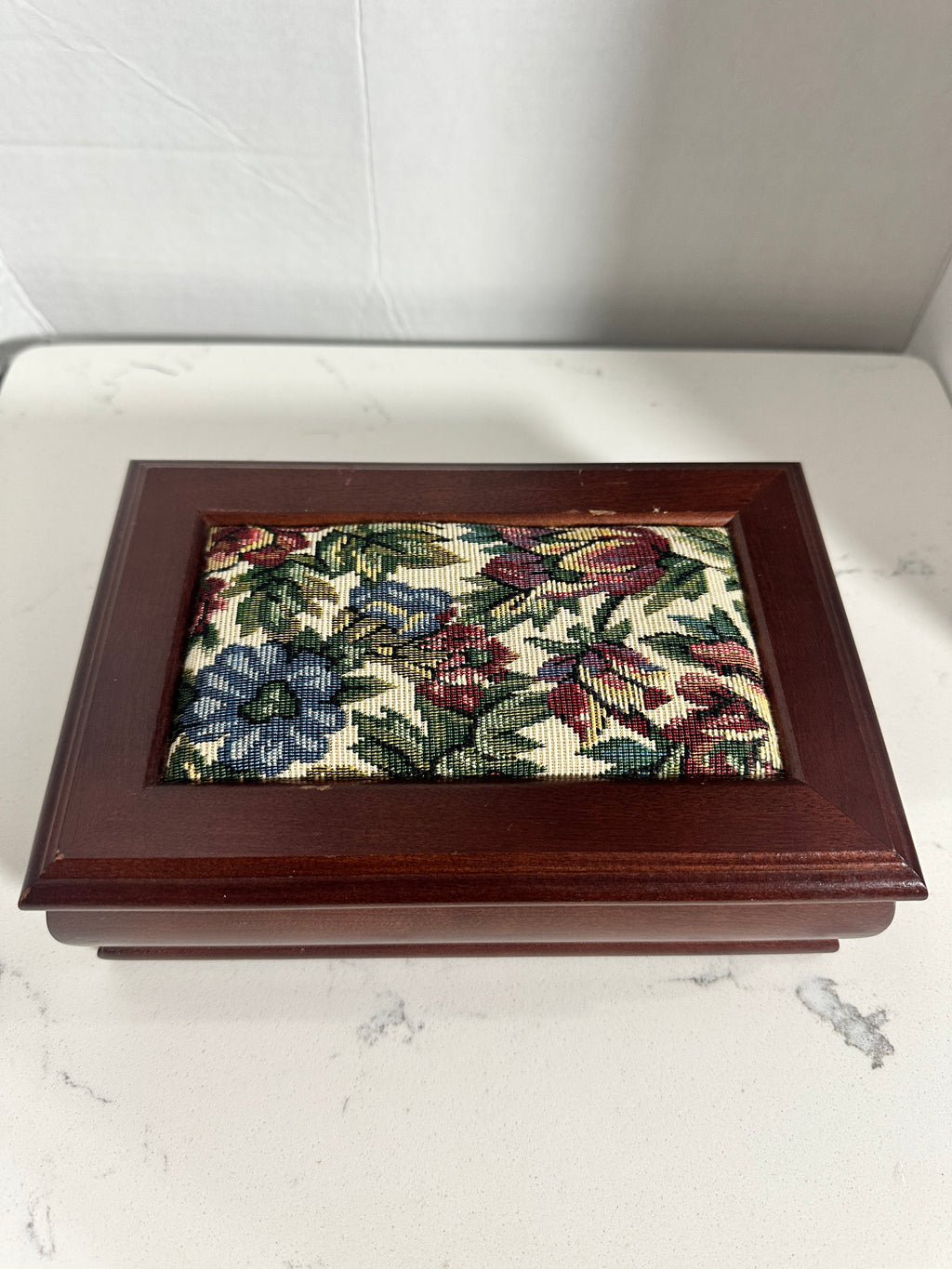 Vintage Wood Jewelry Box with Floral Tapestry Lid & Mirror 8 1/2 inches