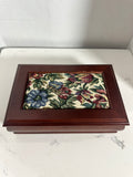 Vintage Wood Jewelry Box with Floral Tapestry Lid & Mirror 8 1/2 inches