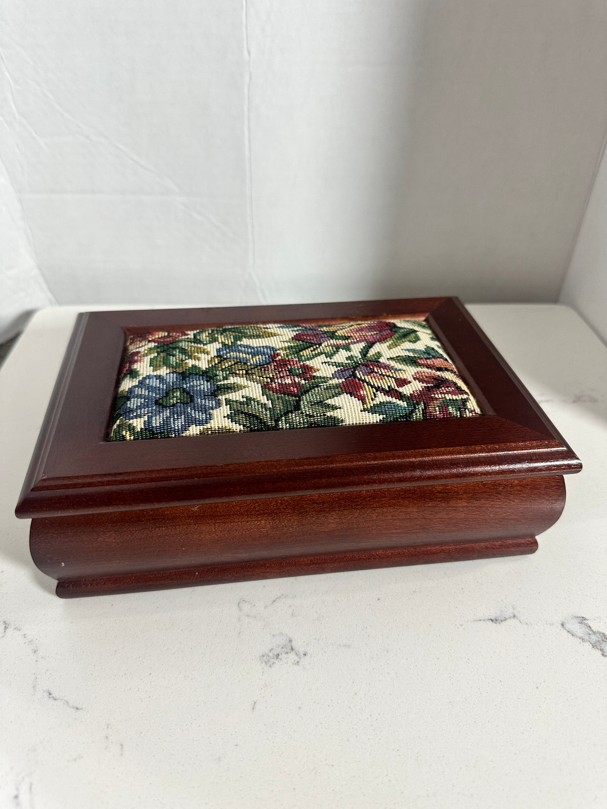 Vintage Wood Jewelry Box with Floral Tapestry Lid & Mirror 8 1/2 inches
