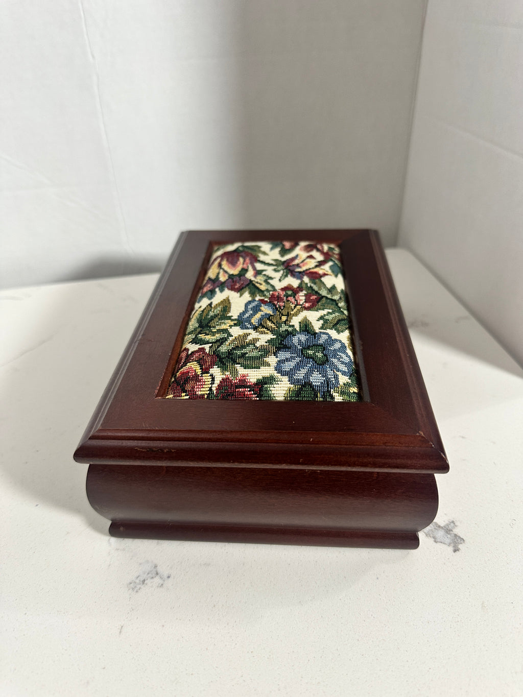 Vintage Wood Jewelry Box with Floral Tapestry Lid & Mirror 8 1/2 inches