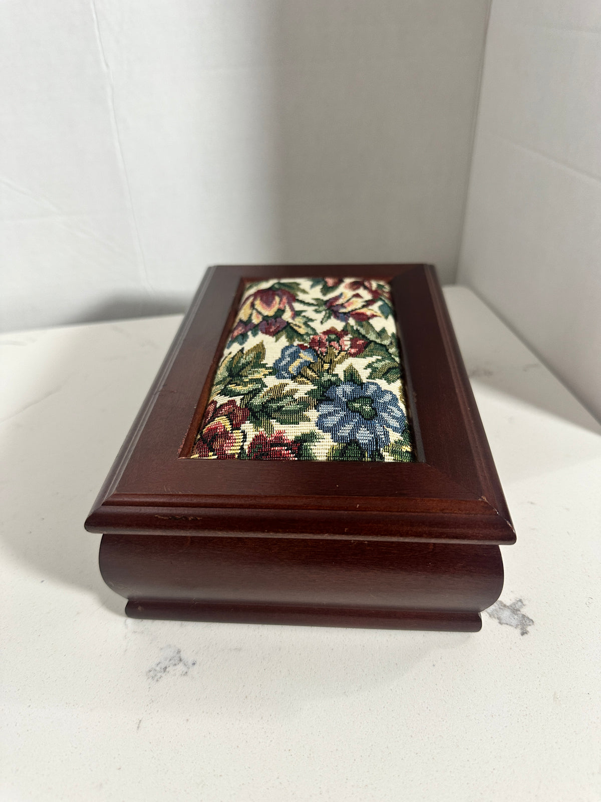 Vintage Wood Jewelry Box with Floral Tapestry Lid & Mirror 8 1/2 inches