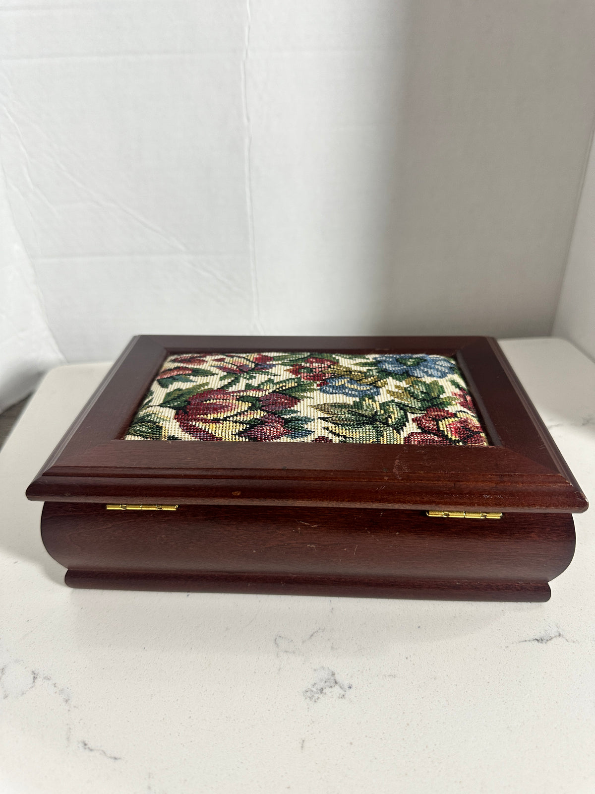 Vintage Wood Jewelry Box with Floral Tapestry Lid & Mirror 8 1/2 inches