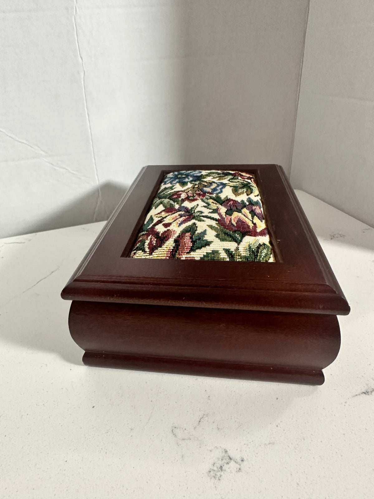 Vintage Wood Jewelry Box with Floral Tapestry Lid & Mirror 8 1/2 inches