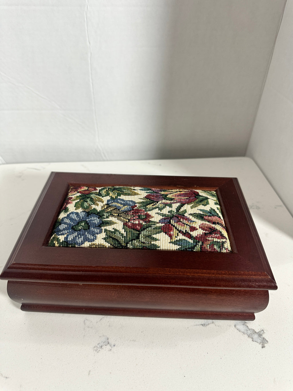 Vintage Wood Jewelry Box with Floral Tapestry Lid & Mirror 8 1/2 inches