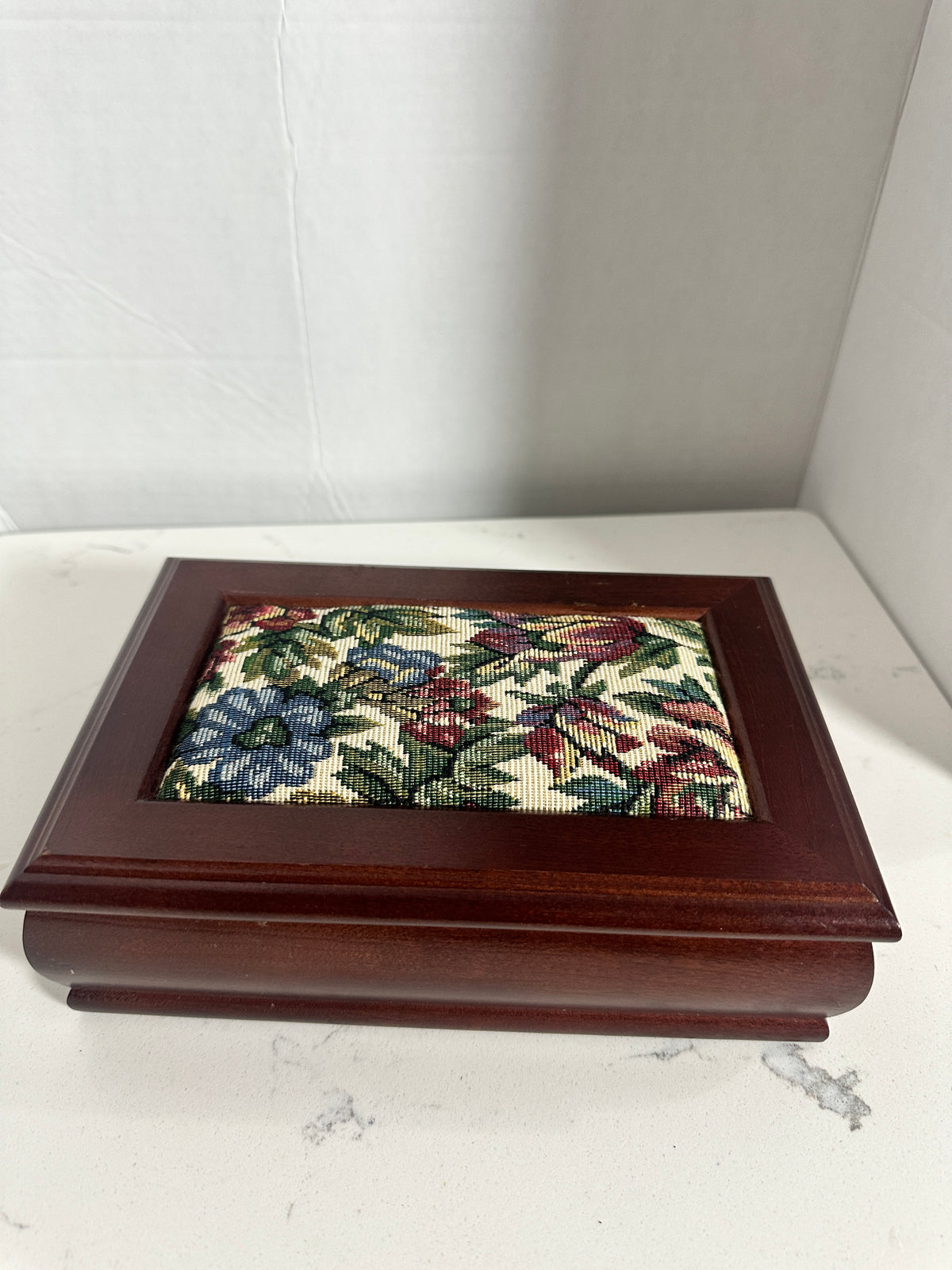 Vintage Wood Jewelry Box with Floral Tapestry Lid & Mirror 8 1/2 inches