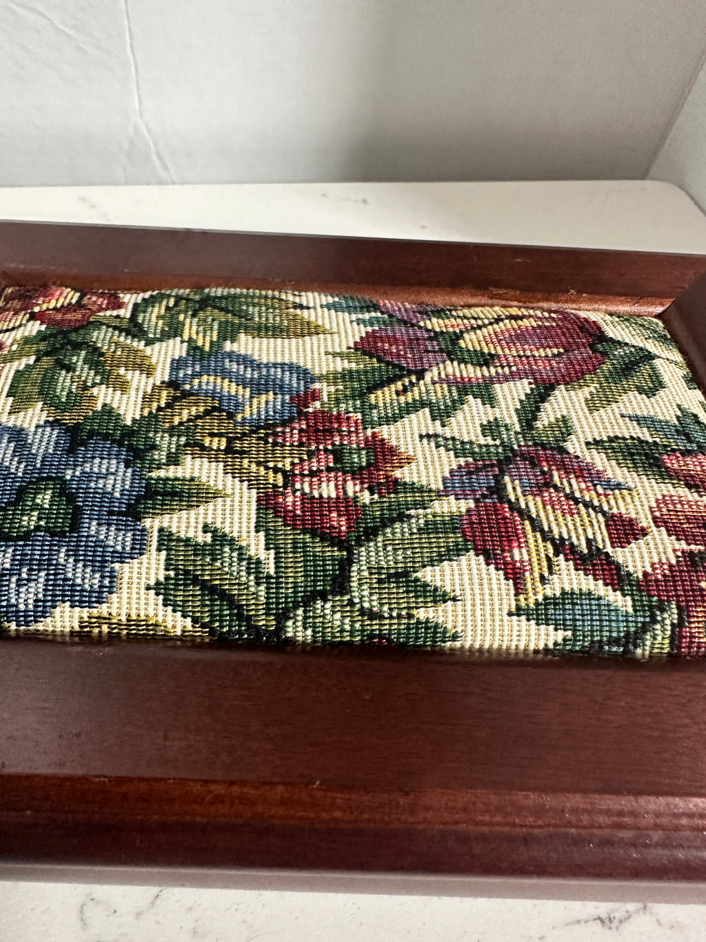 Vintage Wood Jewelry Box with Floral Tapestry Lid & Mirror 8 1/2 inches
