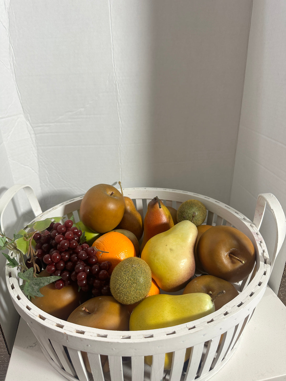Vintage White Wood Slat Basket with Assorted Faux Fruit – 14"