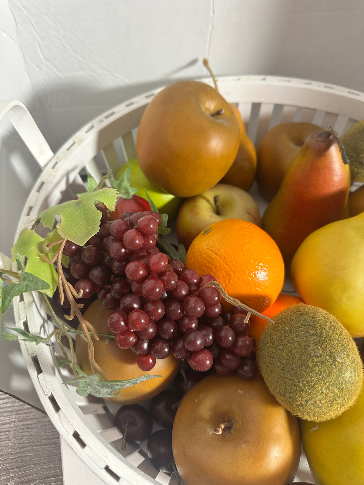 Vintage White Wood Slat Basket with Assorted Faux Fruit – 14"