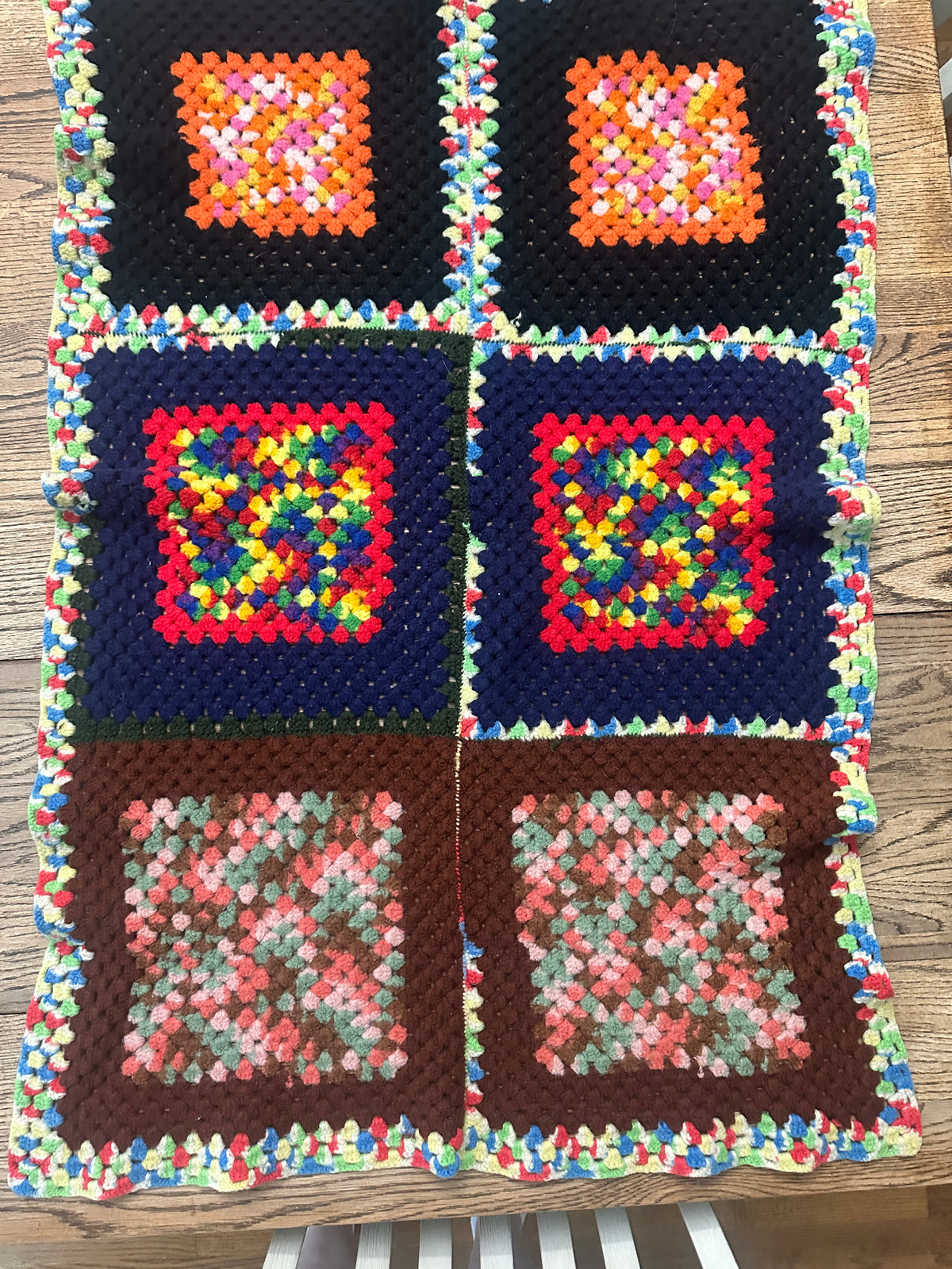 28 X 44 Vintage Crochet Granny Square Afghan | Colorful Handmade Throw Blanket | Retro 70s Style Crochet | Cottagecore Boho Blanket