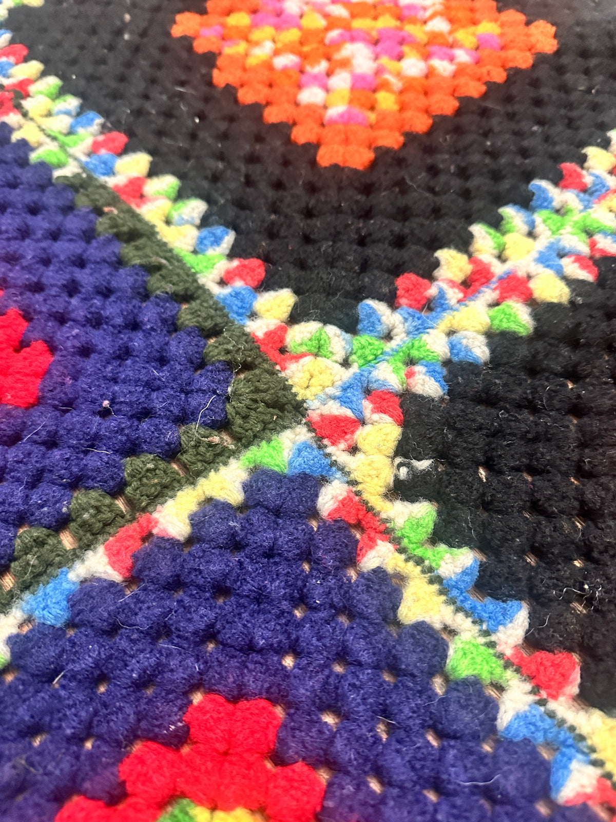 28 X 44 Vintage Crochet Granny Square Afghan | Colorful Handmade Throw Blanket | Retro 70s Style Crochet | Cottagecore Boho Blanket