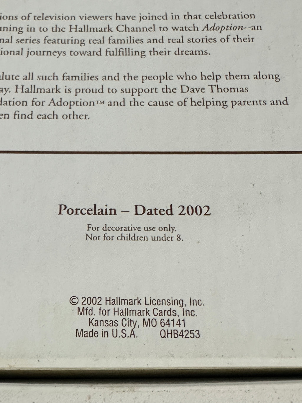 2002 Hallmark Keepsake Celebrating Adoption Ornament | Porcelain