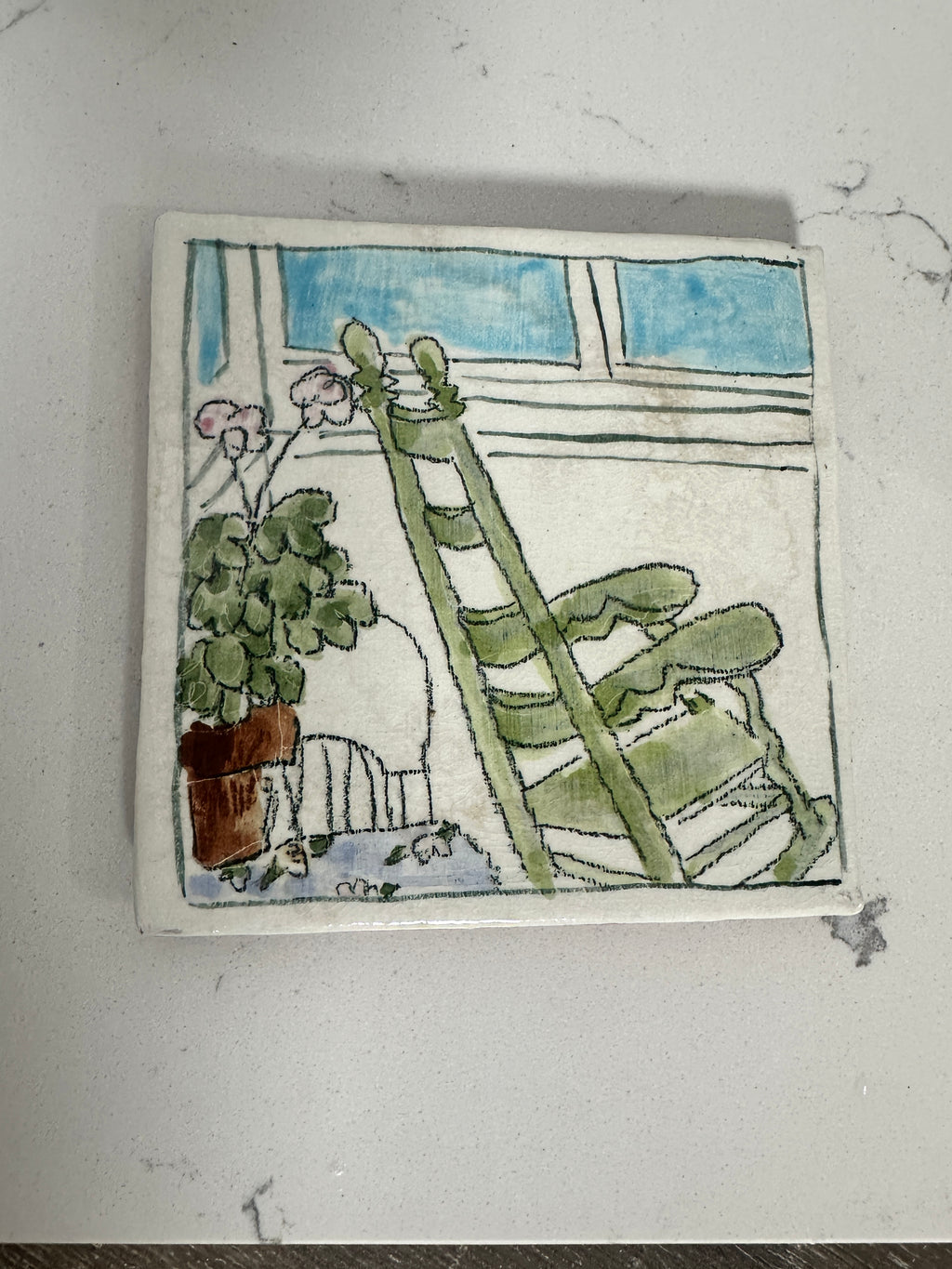 Hand-Painted Ceramic Art Tile with Window and Potted Plants